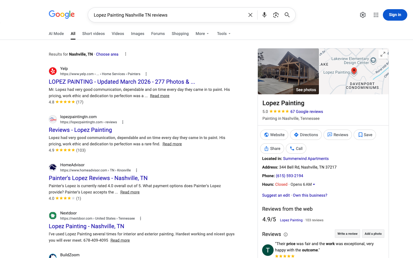 Lopez Painting Google Reviews — 4.9 stars